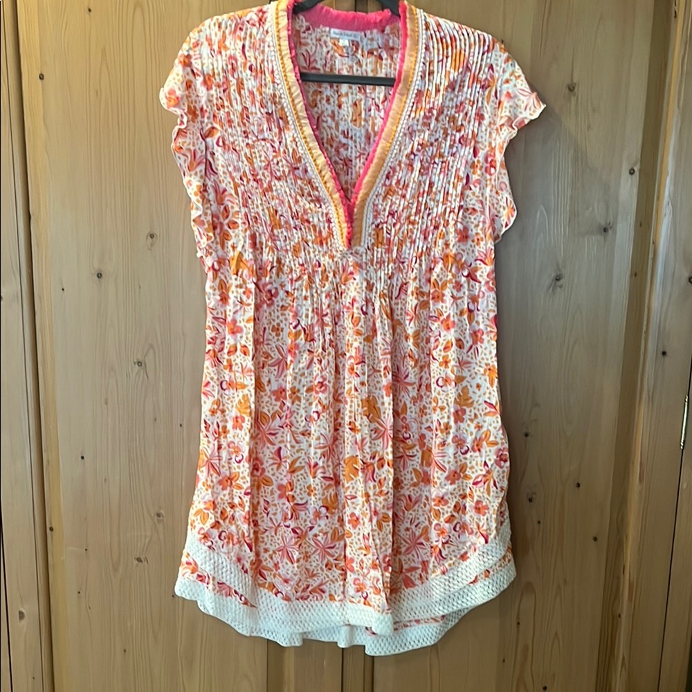 Poupette St. Barth Sasha dress. Orange and Pink Flutter dress cover up